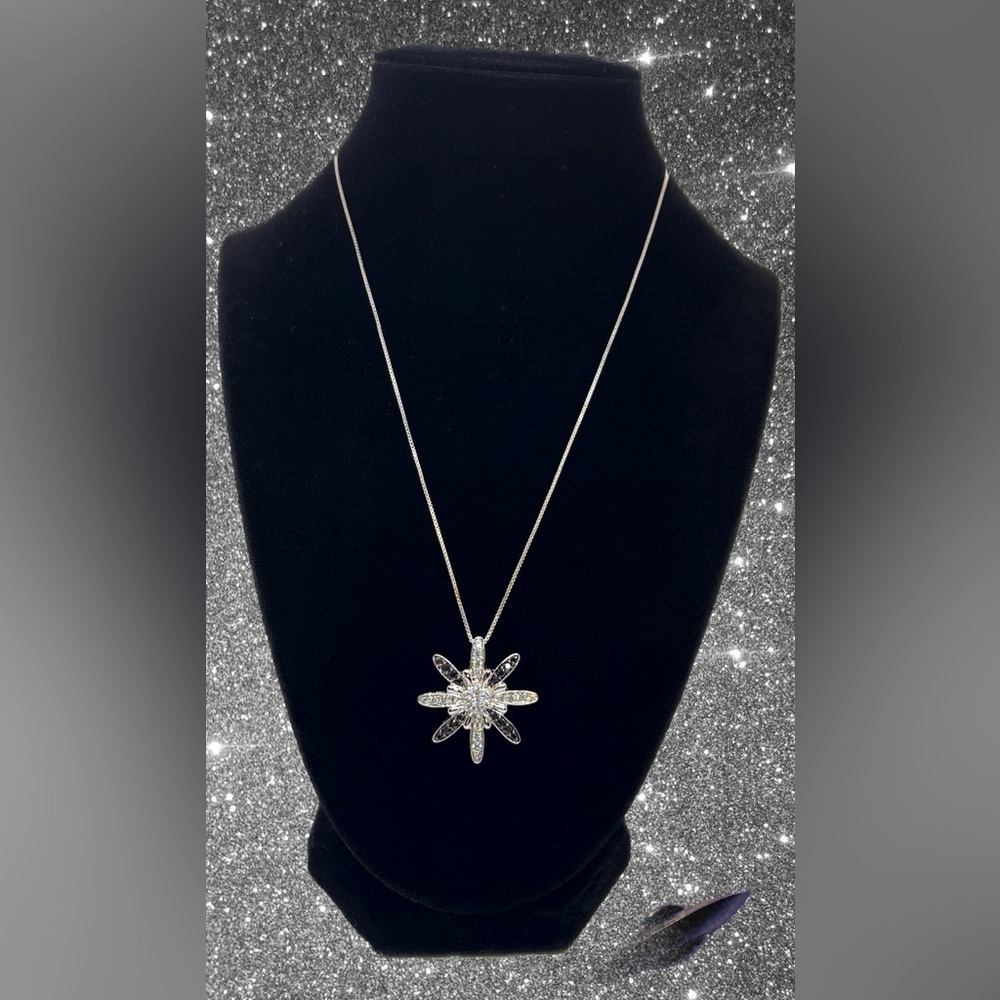 Sterling Silver Black & White CZ Starburst Pendant Necklace